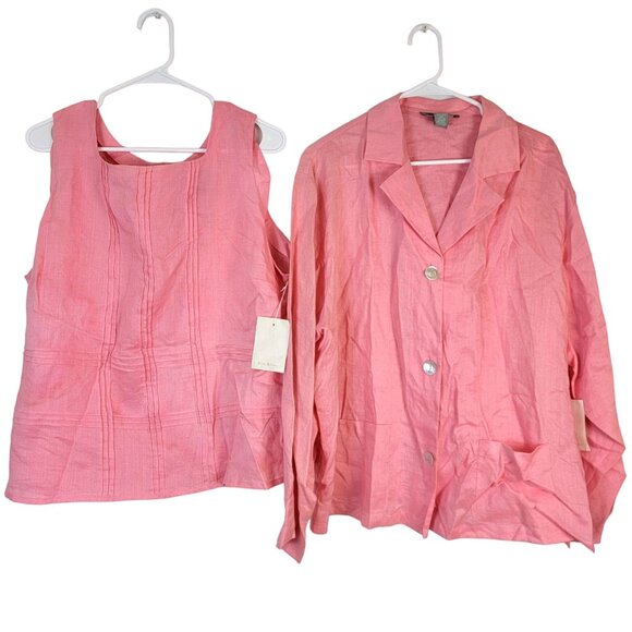 Vintage 90s Linen Shirt Set Women 2X Plus Colorful Blouse Tank Top Pink New Tags - Picture 1 of 15
